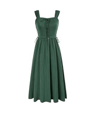 Forest Green Lace-Up Midi Cottagecore Dress